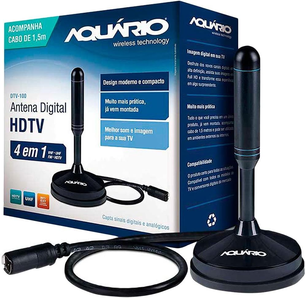 Antena Interna DTV-100 Aquario TV Digital HDTV Cabo com Conector F Macho Preto Pequeno