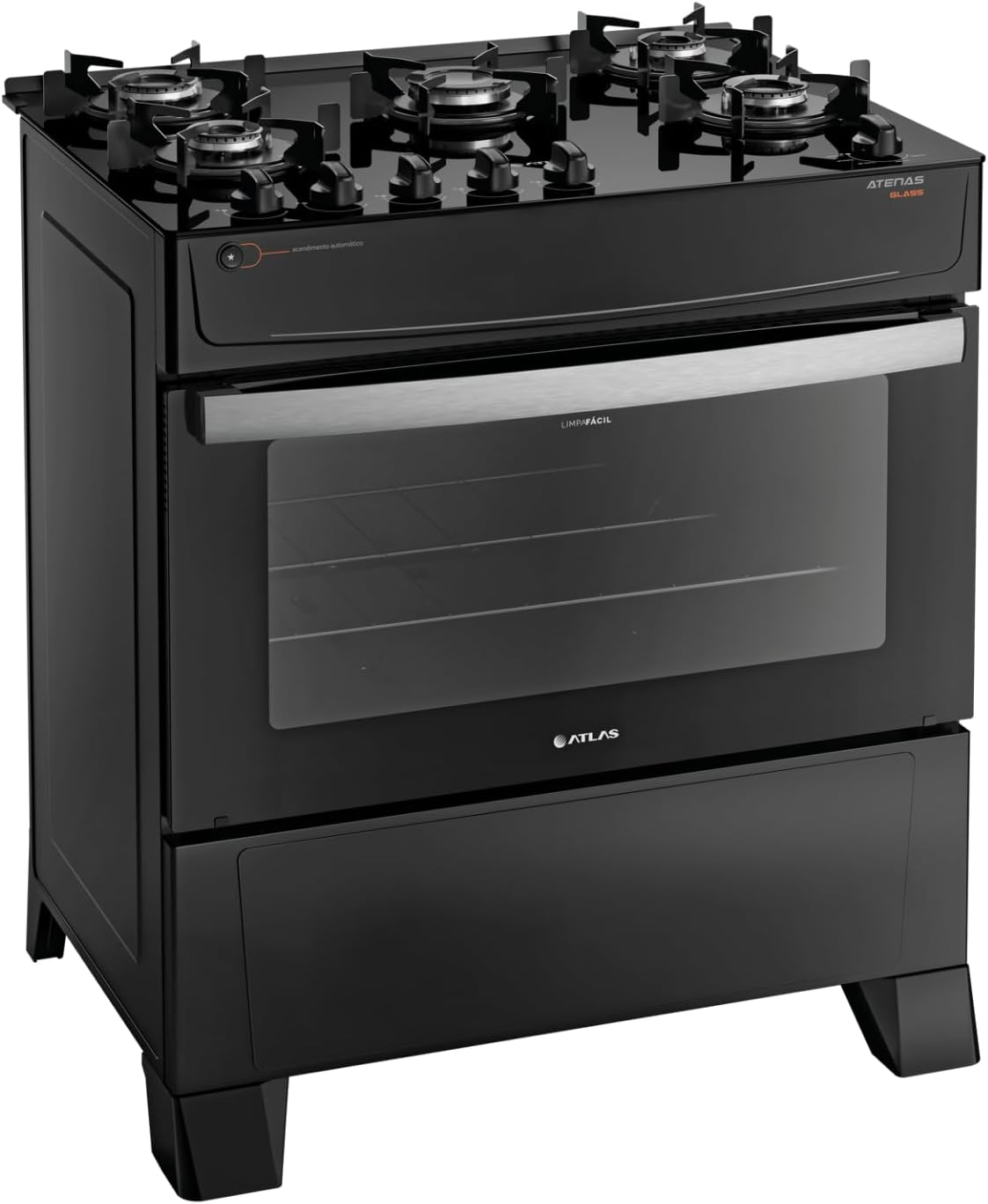 Fogão Atlas 5 Bocas preto Atenas Glass com Acendimento automático – Bivolt