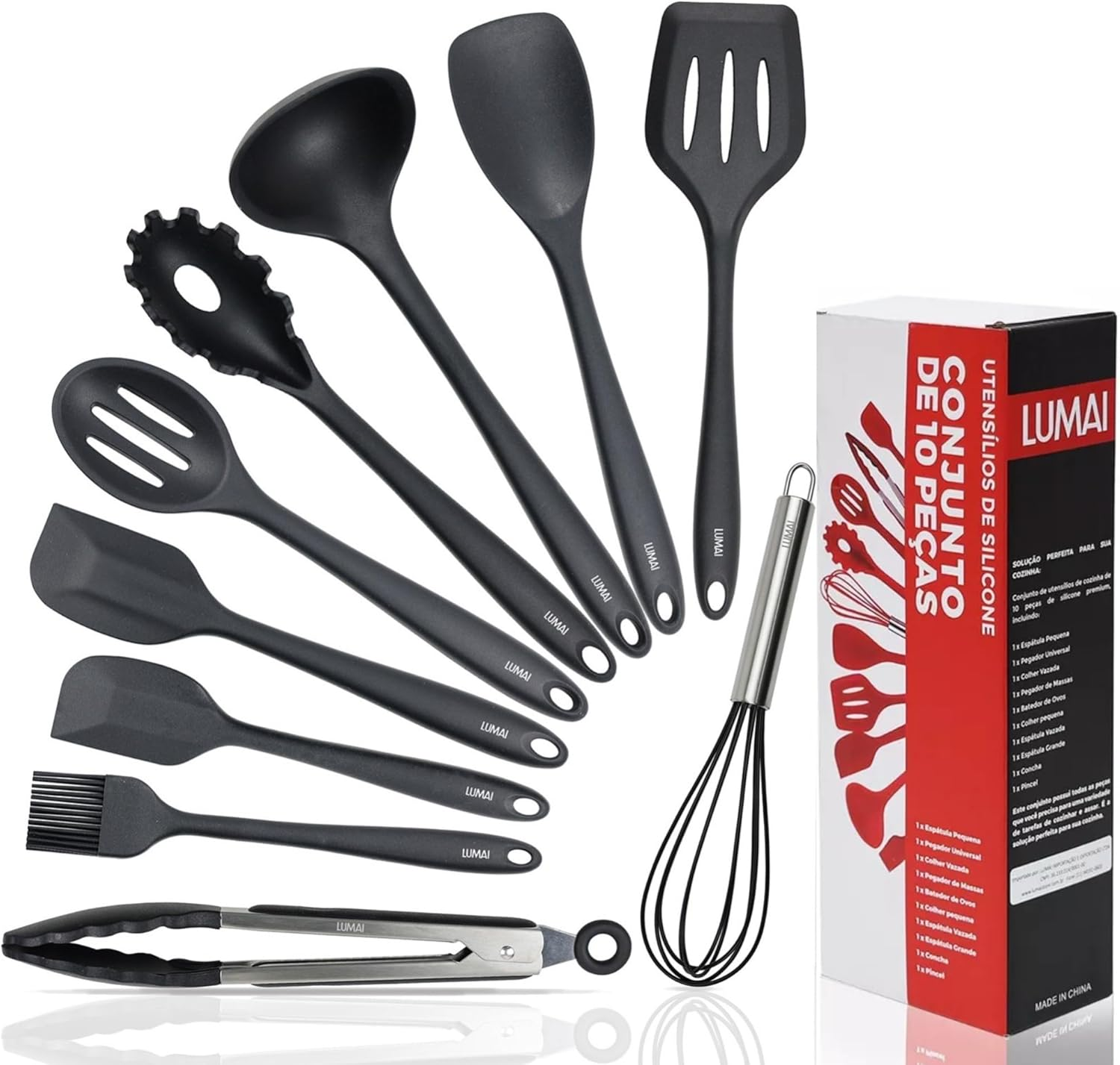 Kit 10 Utensílios de Cozinha em Silicone e Aço Inox, Resistentes ao Calor e Antirriscos