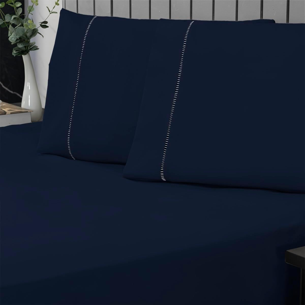 Jogo de Cama Casal Percal 400 Fios Ponto Palito 03 Peças, Antiácaro, Anti-pilling com Toque Macio – Azul Marinho