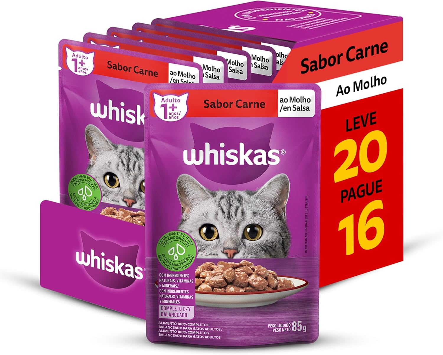 Pack Ração Úmida Whiskas Sachê Carne ao Molho para Gatos Adultos – Leve 20 Pague 16