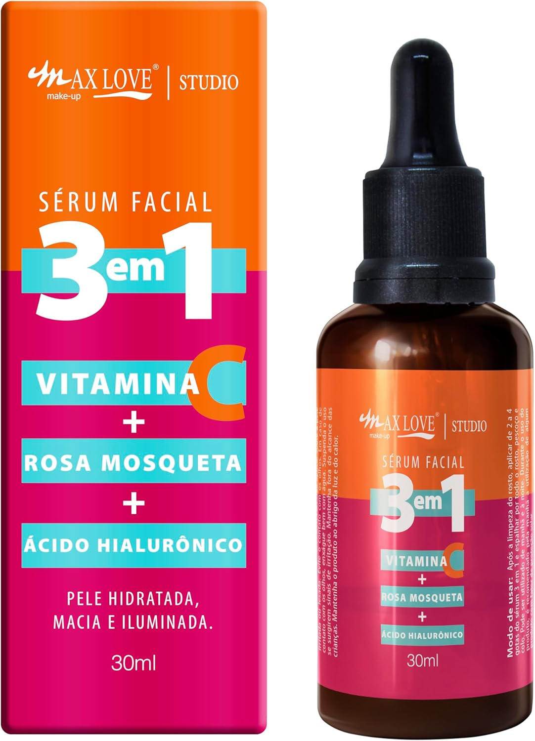 Max Love Serum Facial 3 em 1 Vitamina + C Rosa Mosqueta + Ácido Hialurônico