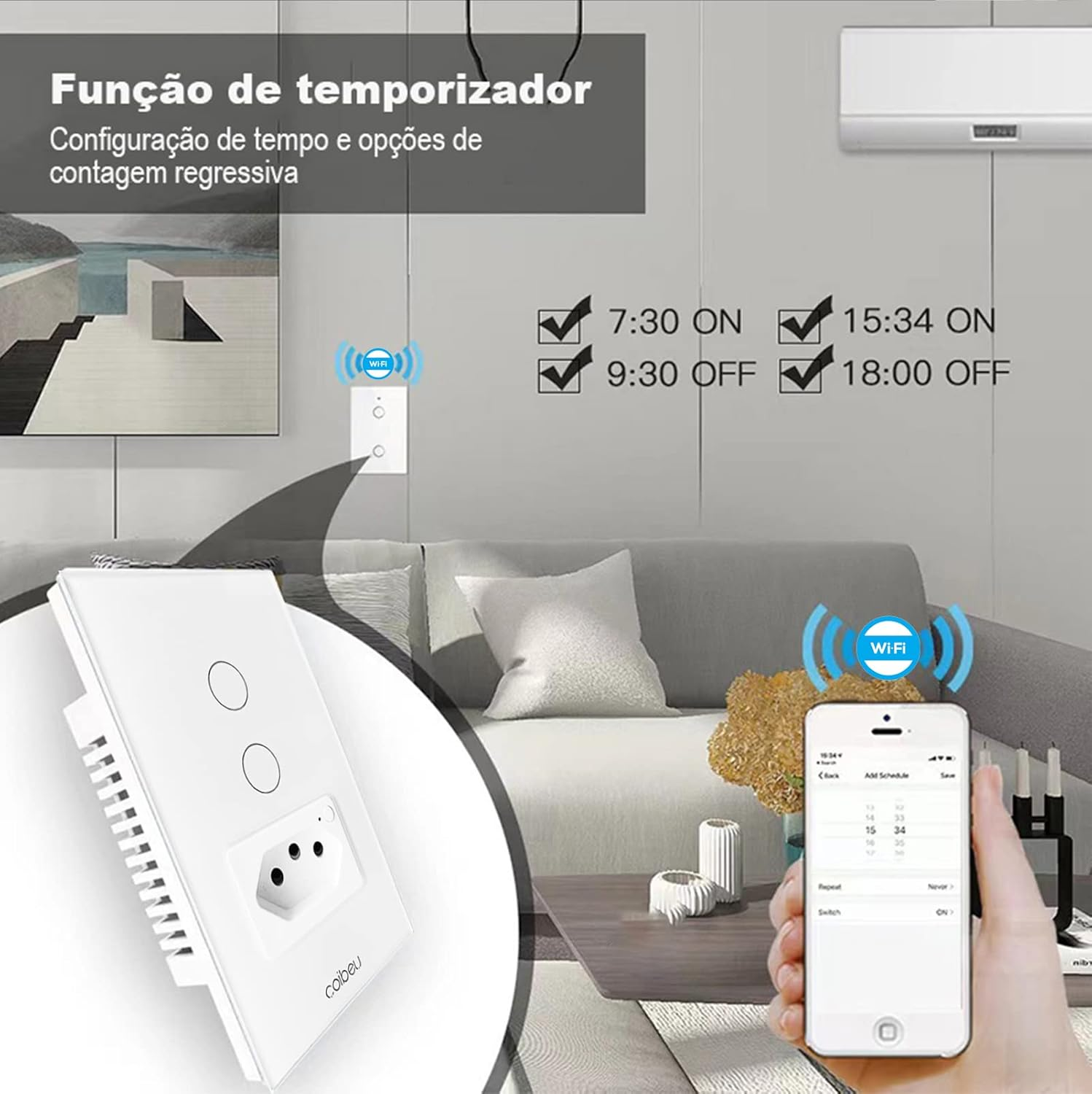 Interruptor Inteligente WiFi com Tomada, Interruptor Smart Sem Fio Doméstico Multifuncional, Controle Remoto de Eletrodomésticos Por Celulares, Branco, 2 Botao, com neutro