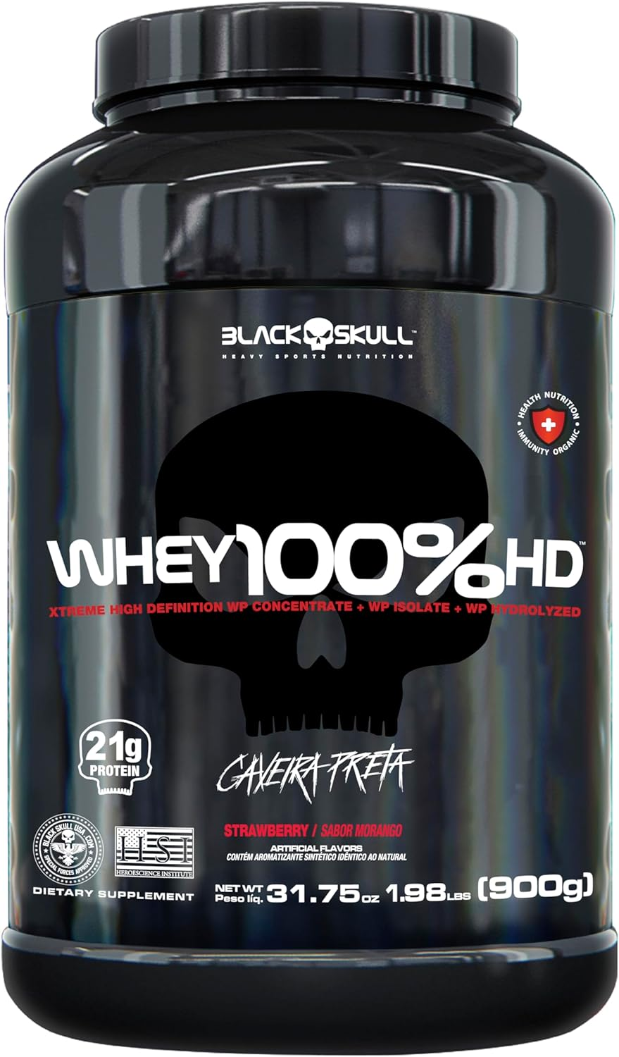 Whey 100% Hd Morango 900G, Black Skull