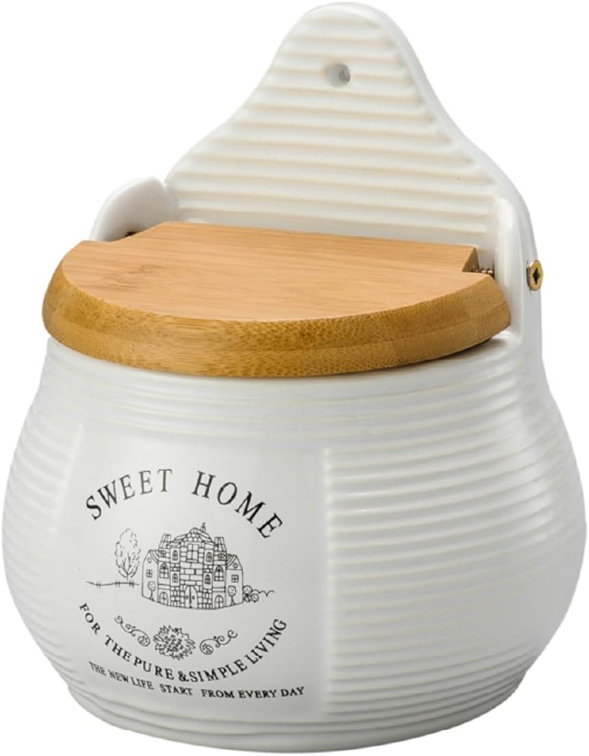 LYOR – Saleiro de Parede de Cerâmica com Tampa de Madeira Sweet Home 10cm x 7,5cm x 13cm