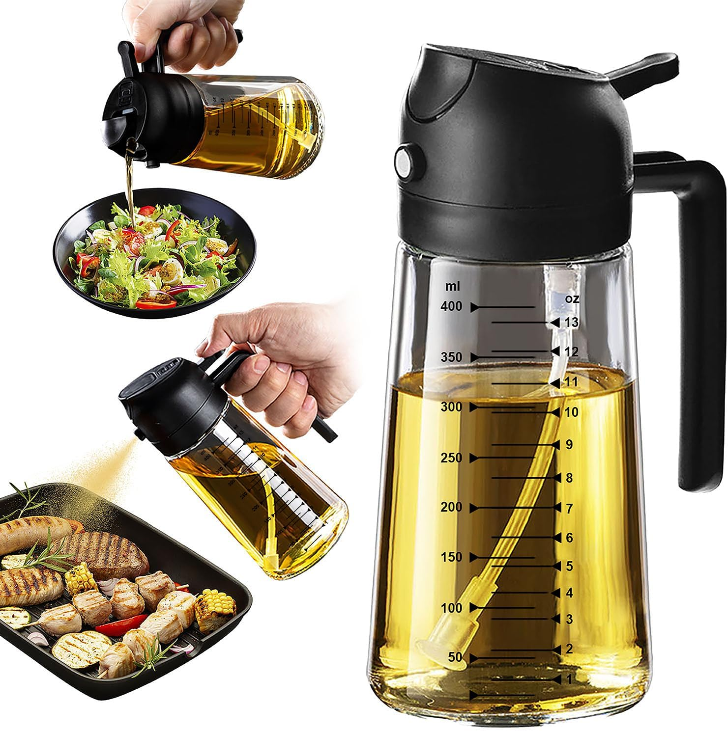 TrendPlain Pulverizador de azeite de oliva de vidro 470 ml preto | para cozinhar, 2 em 1, dispensador de azeite, para utensílios de cozinha, fritadeira a ar, salada, churrasco