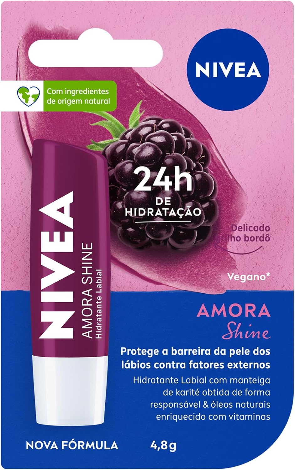 NIVEA Hidratante Labial Amora Shine 4,8 g – Cuidado intensivo para seus lábios, hidratação prolongada, delicioso aroma de amora, pigmentos brilhantes e cor delicada
